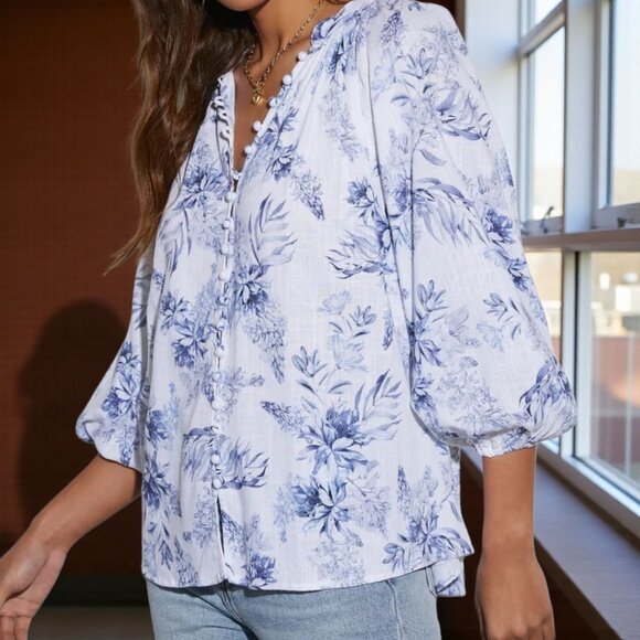 NWT VICI (MED) Floral Linen/Rayon Blend Long Sleeve Button Up Top - Picture 1 of 8